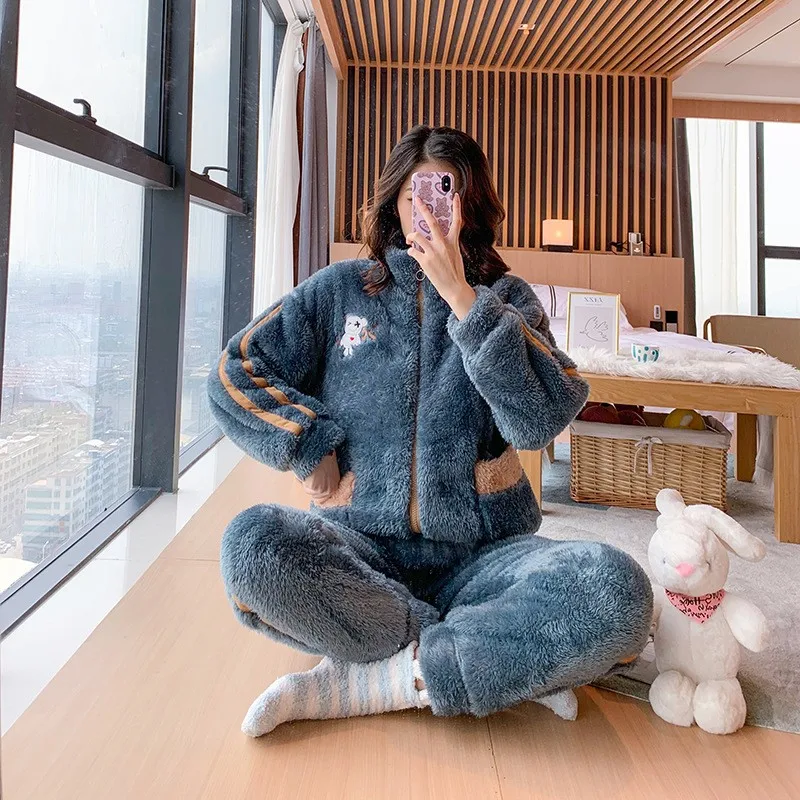 Novelty Pajamas Winter Hooded Thick Flannel Pajamas Set Fat Laides Velvet Nightwear Sweatshirt Warm Kawaii Home Clothes images - 6