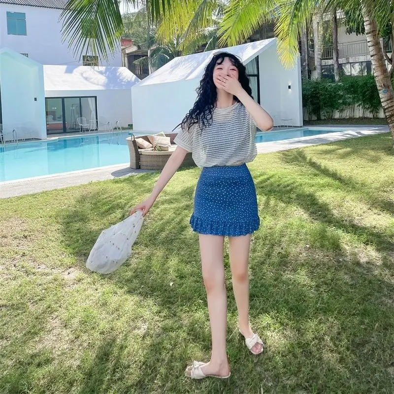 

Women Bikini Sets Swimwear Dot Sweet Girls Hollow Out Lace-up Ruffles Sexy Elegant Vintage Retro Skinny Female 3 Pieces Hot Sale