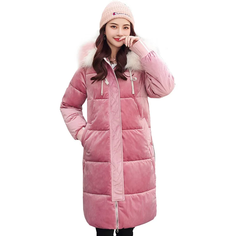 Down parka Warm Hooded Fur Cotton Parkas collar long-term students in women's knee-length golden velvet jacket for winter 1075 |