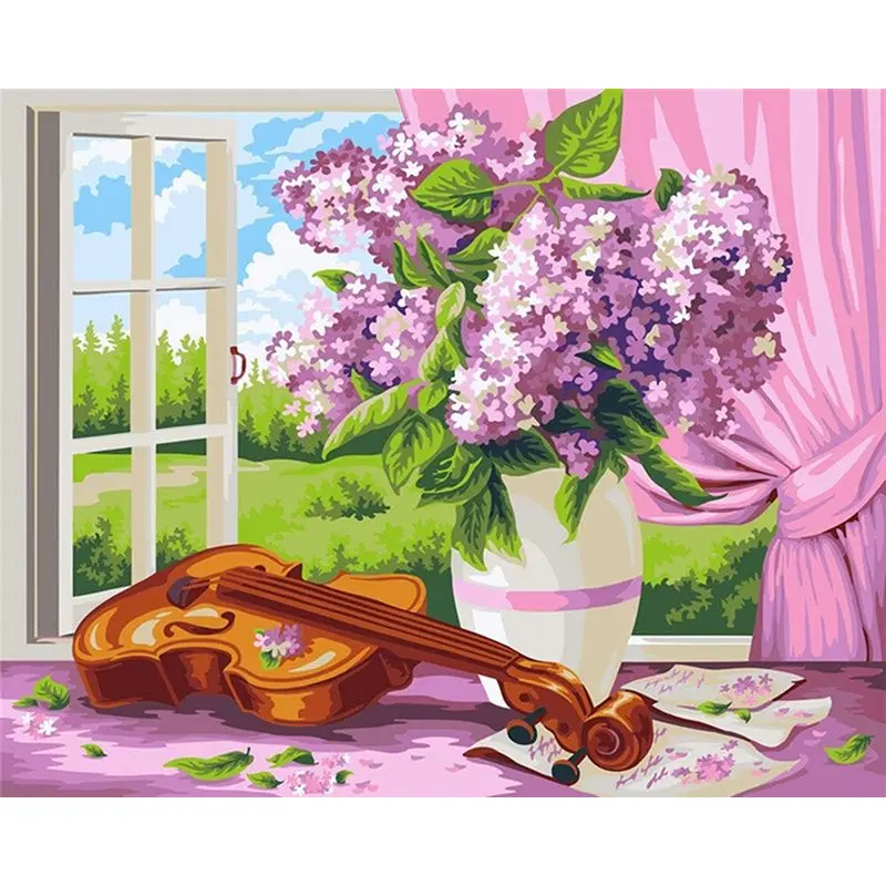 

CHENISTORY Oil Painting By Number Window Landscape Kits Handpainted DIYPicture By Number Flower In Vase Home Decor Drawing On Ca
