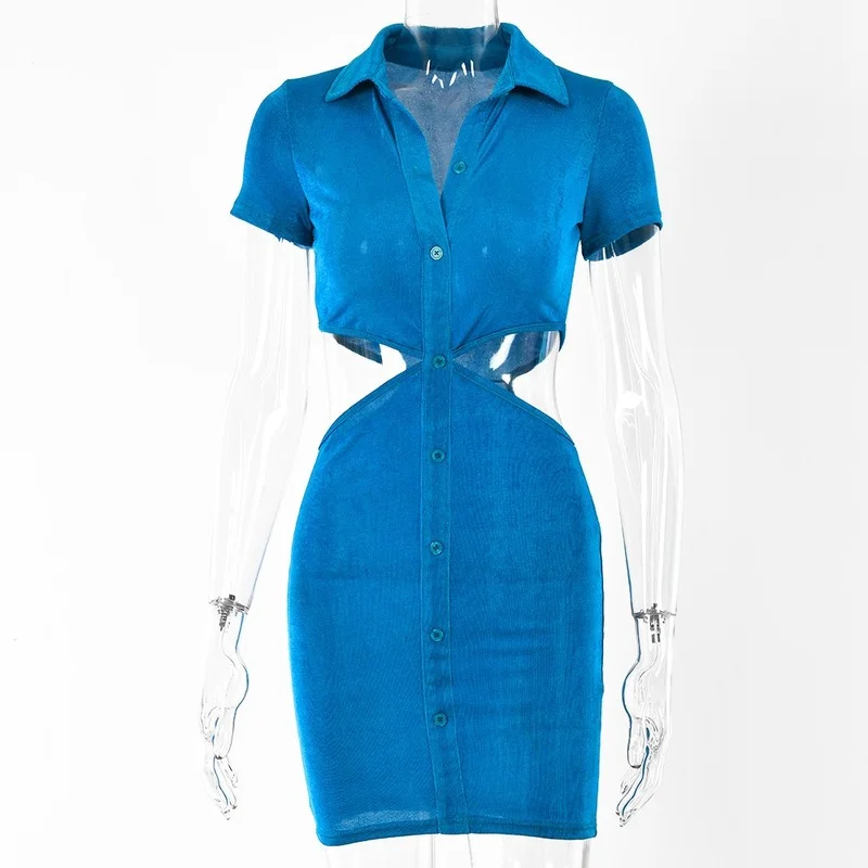 

Solid Fashion 2021 New Mini Dress Bodycon For Women Clubwear Summer Sexy Turn-Down Collar Dresses Buttons Short Sleeve G2523