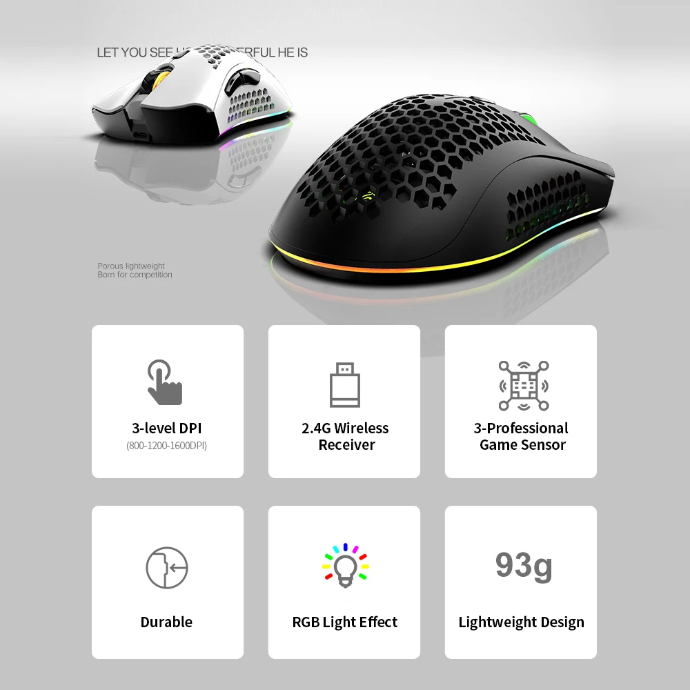 

2.4G Wireless Gaming Mouse Rechargeable Mouse with RGB Light Effect 3 Adjustable DPI Hollowed-out Honeycomb Optical Mouse For PC