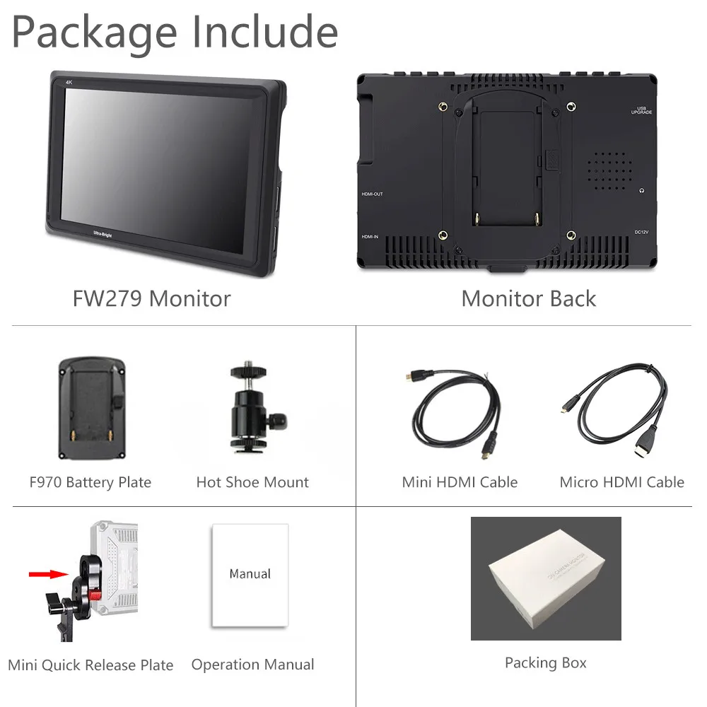 FW279 without Brand Feelworld FW279 7 дюймов ips 2200 нит камера полевой монитор 4K HDMI вход выход 1920X1200 ЖК-монитор для DSLR Stablizer - Цвет: FW279 without Brand