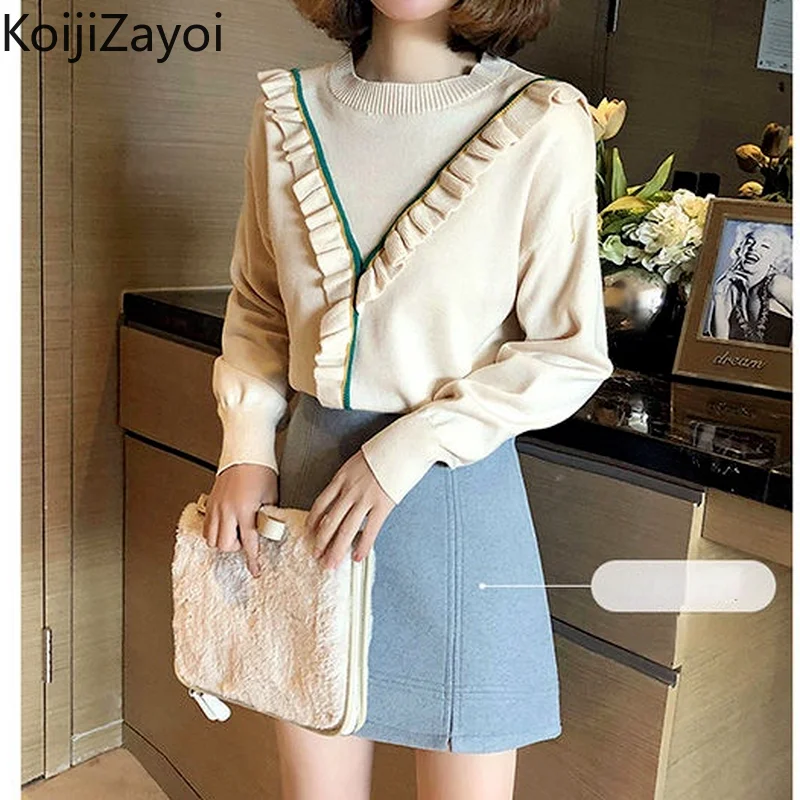 

Женский свитер с оборками Koijizayoi, базовые модные пуловеры с круглым вырезом, женские джемперы для офиса в японском стиле на осень и зиму, Прямая поставка, топы