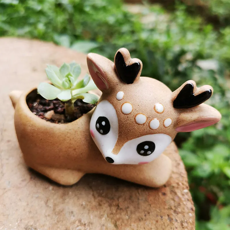 Керамический горшок с картинкой оленя для суккулентов, кактусов, милые животные, волшебные садовые украшения для дома и офиса, небольшие украшения.