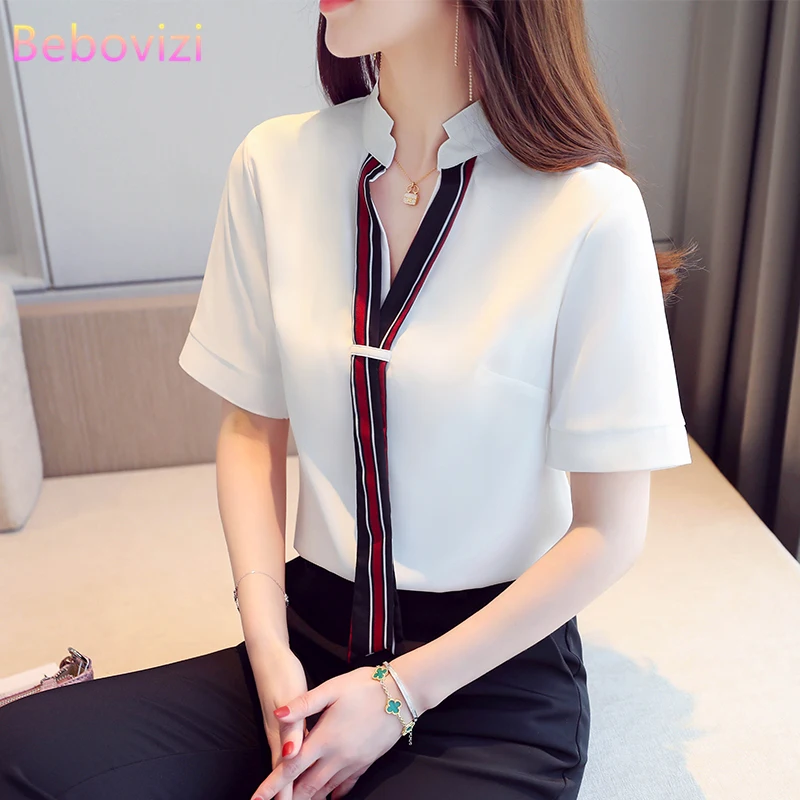 

S-XXL 2020 New Fashion Korean White Red Elegant Chiffon Short Sleeve Women Tops and Blouses Office OL Casual Summer Clothing