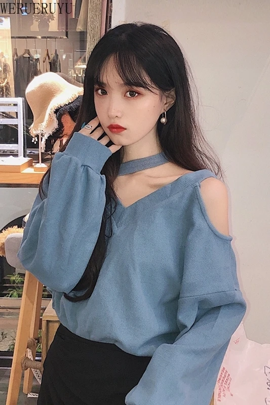 

WERUERUYU Fashion Women Solid Long Sleeve Sweatshirt Chic Strapless shoulder Casual Loose Sweatshirt