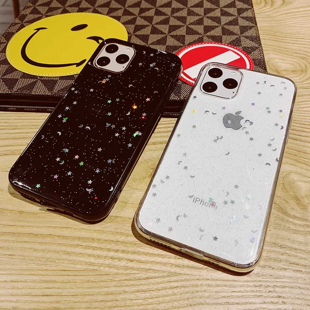 Блестящий чехол LOVECOM со звездами и Луной для iPhone 12 Mini 11 XS Pro Max XR X 6 6S 7 8 Plus прозрачный
