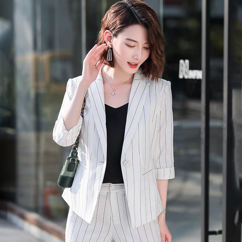 Офисный женский черный полосатый блейзер для женщин деловые костюмы с брюками и