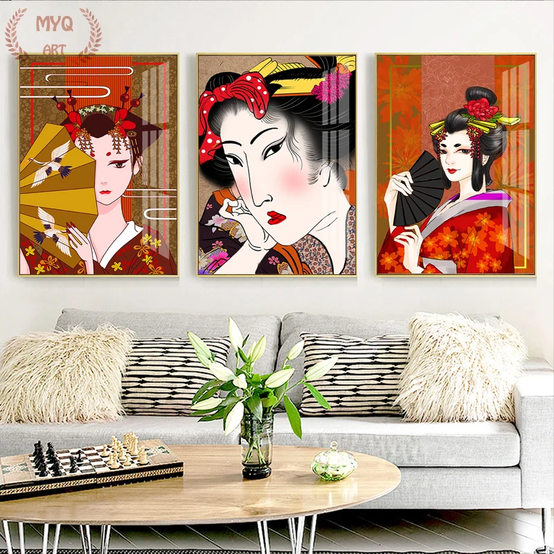 

Hot Japanese Kimono Japanese Geisha Beaut Woman Painting Art Poster Prints Art Oil Painting Canvas Wall Pictures For Living Room