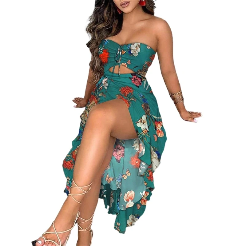

Floral Print Sleeveless Maxi Dresses Summer Women Sexy Strapless Backless Hollow Out Split Long Dress Woman Party Clubbing Dress