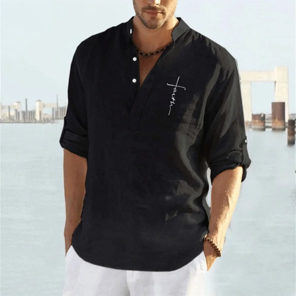 New solid color cotton and linen loose long-sleeved shirt fashion stand-up collar men's casual shirt
