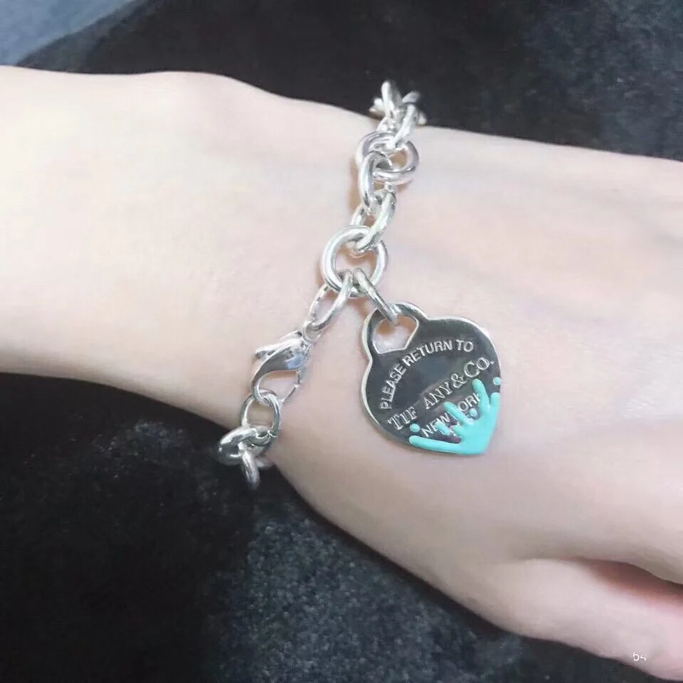

Classic lady S925 sterling silver heart-shaped blue pink splash 4mm round beads beaded bracelet jewelry couple holiday gift