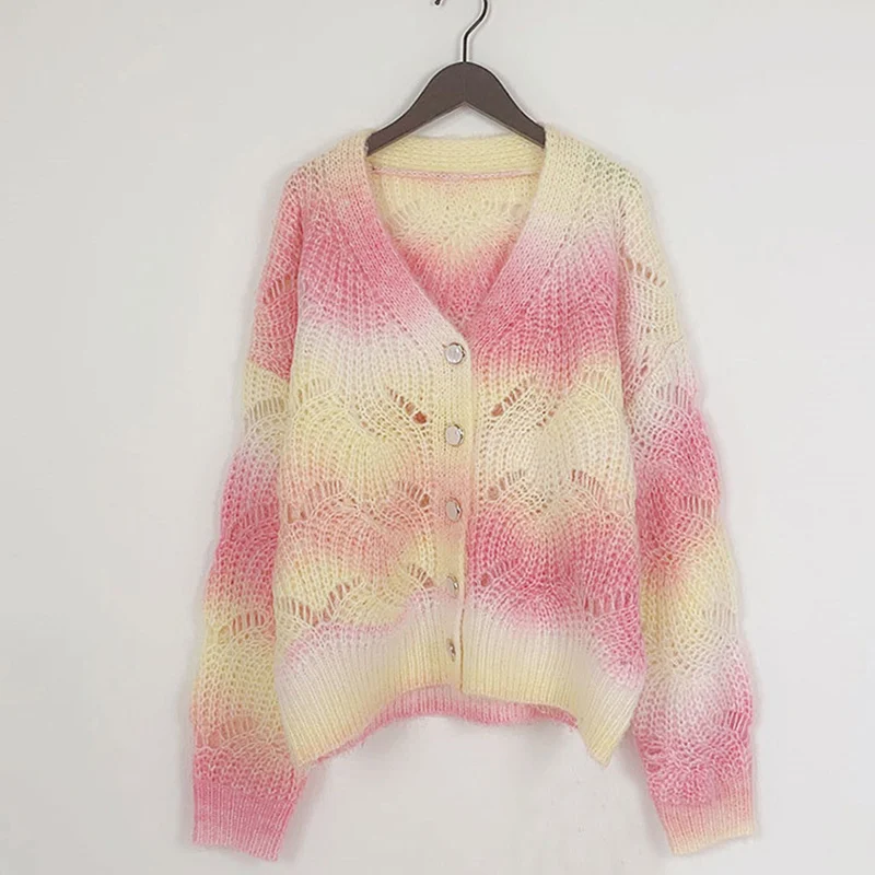 

2021 Cardigan Women Tie-dye Knitted Rainbow Sweaters Female V-neck Loose Long Sleeve Single-breasted Soft Top Cute Cardigans