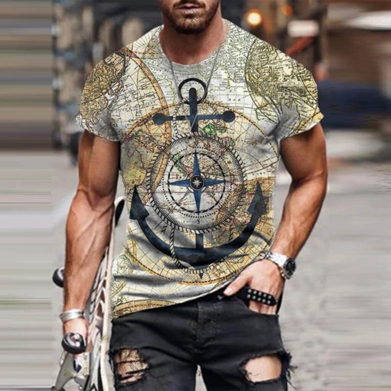 

Футболка мужская с круглым вырезом, винтажный принт карт, Повседневная Модная приталенная рубашка с коротким рукавом, пуловер, уличная одеж...