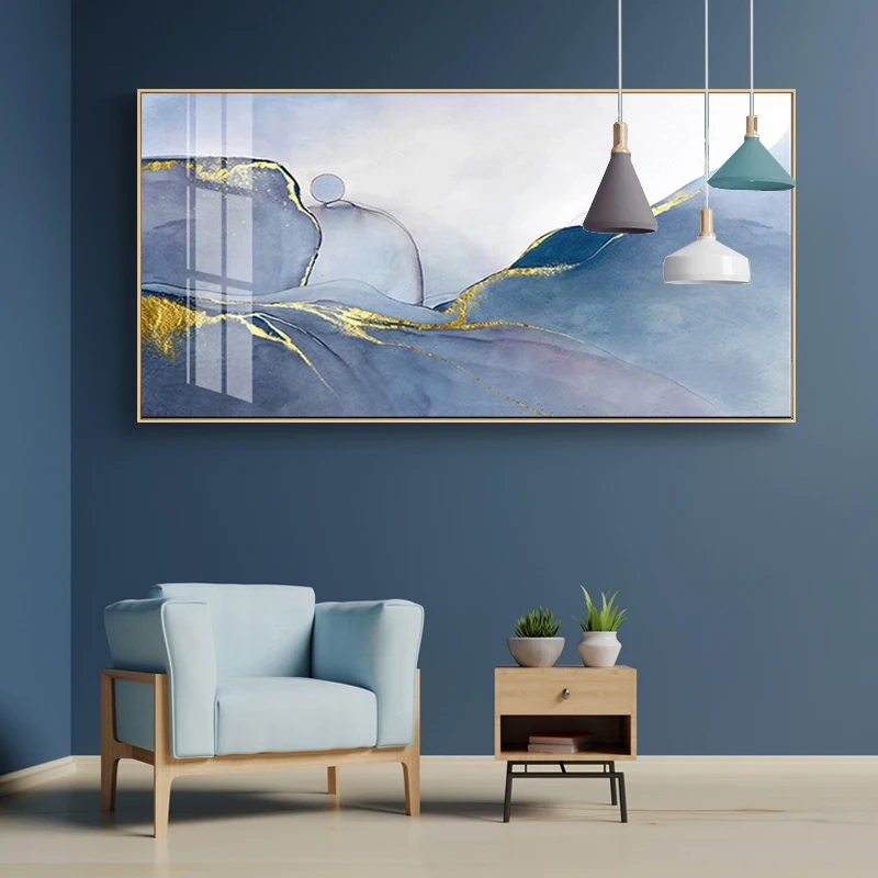 

Modern art like indigo and blue cloud wall canvas and painting gold thread wall living room home decoration