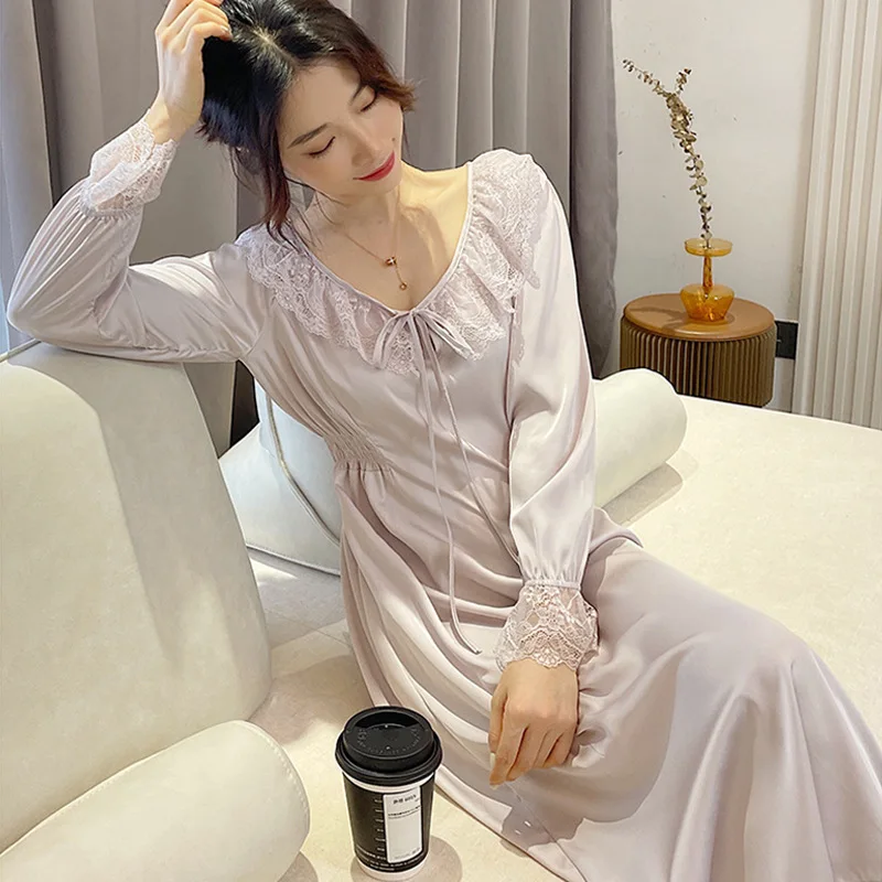 

Spring Autumn New Nightdress Satin Sleepwear Women Lingerie Lace Patchwork Nightgown Sleep Dress Loose Home Dressing Gown