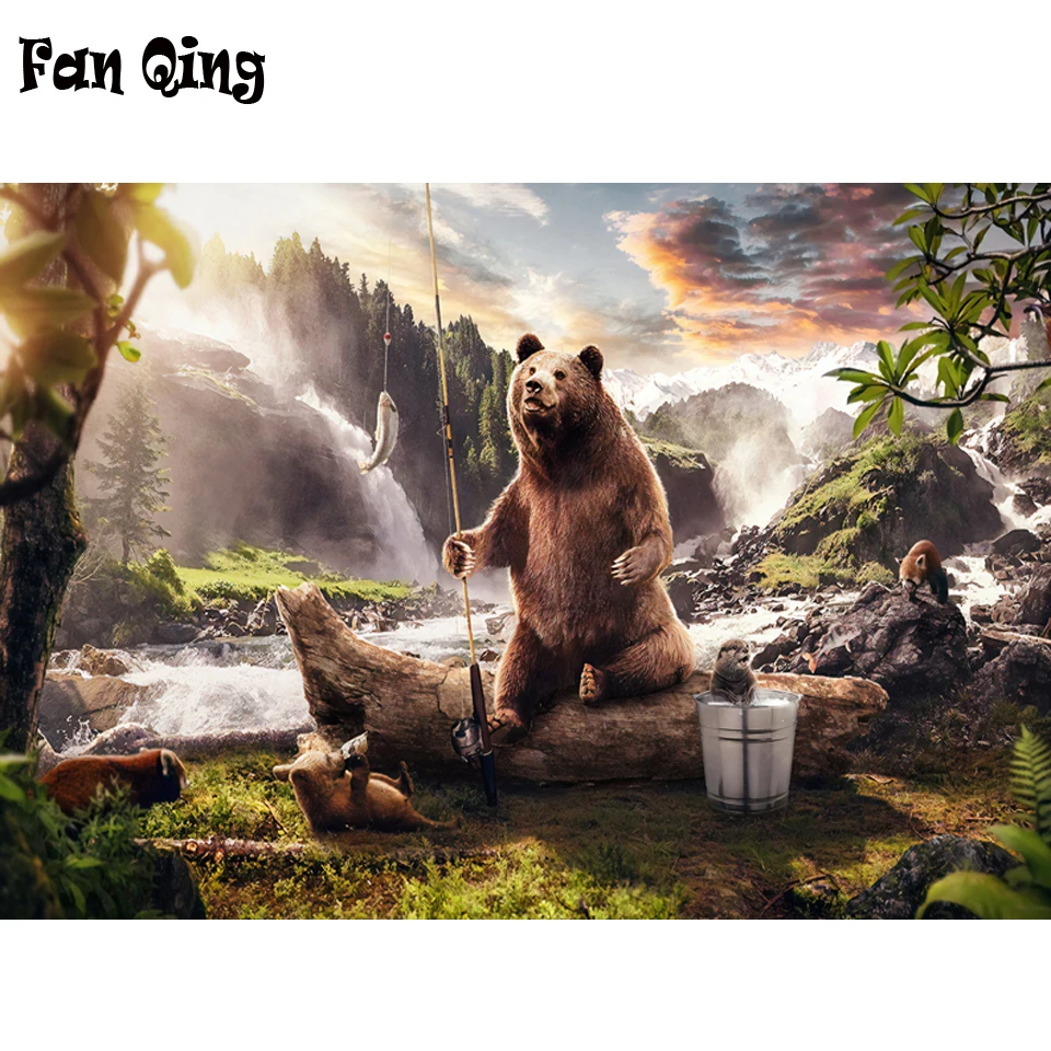 

Алмазная 5d картина «сделай сам», вышивка крестиком, мать, медведь, рыбалка, полный квадрат/Круглый Алмаз Стразы, мультяшное украшение для ка...