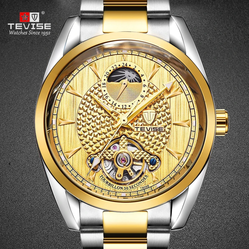 

TEVISE Man's Watch T808 Moon Phase Style Tourbillon Automatic Mechanical Watches Waterproof Wristwatches erkek saa
