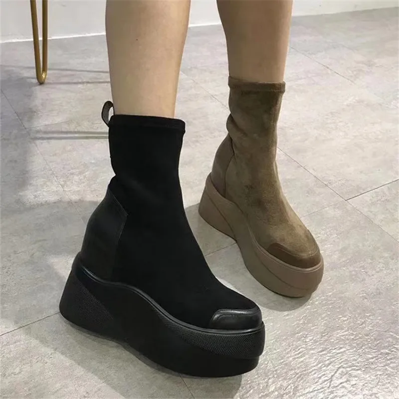 Ботинки на платформе; женская обувь; scarpe donna; ботинки на высоком каблуке с круглым носком; модная обувь на толстой подошве; chaussures femme; Плюшевые ботинки