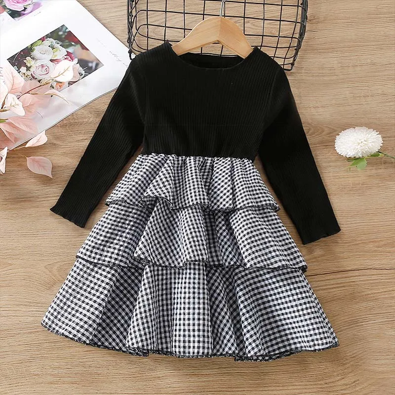 

Модные вечерние Многослойные костюмы для девочек; Новинка 2022 года; Сезон осень; Лоскутные платья в клетку в Корейском стиле; Милая детская п...