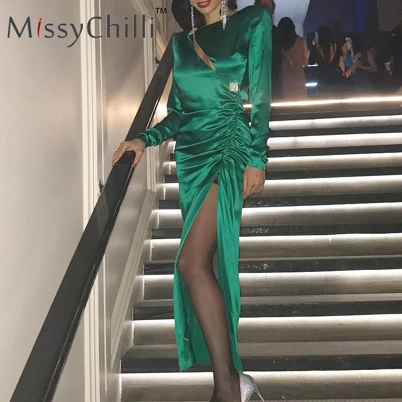 Женское атласное платье с длинным рукавом MissyChilli зеленое элегантное облегающее