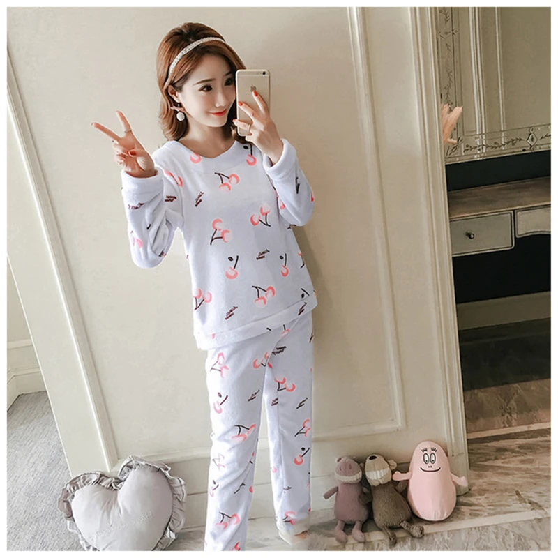 

Women's home service pajamas set long-sleeved trousers autumn and winter models cute casual comfortable pajamas женский халат