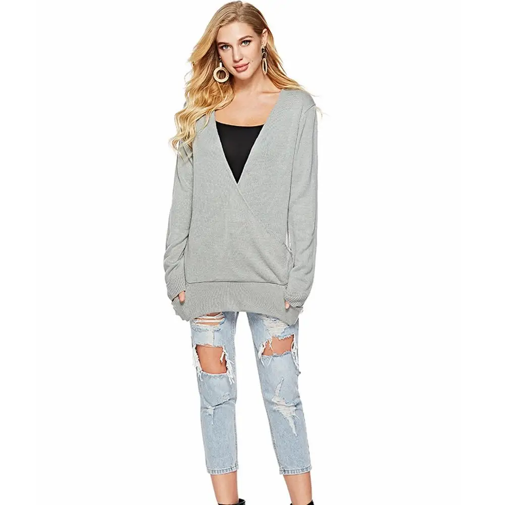 

European and American autumn and winter new large-size Flat Knitting Cross V-neck long-sleeve mid-length women's sweater
