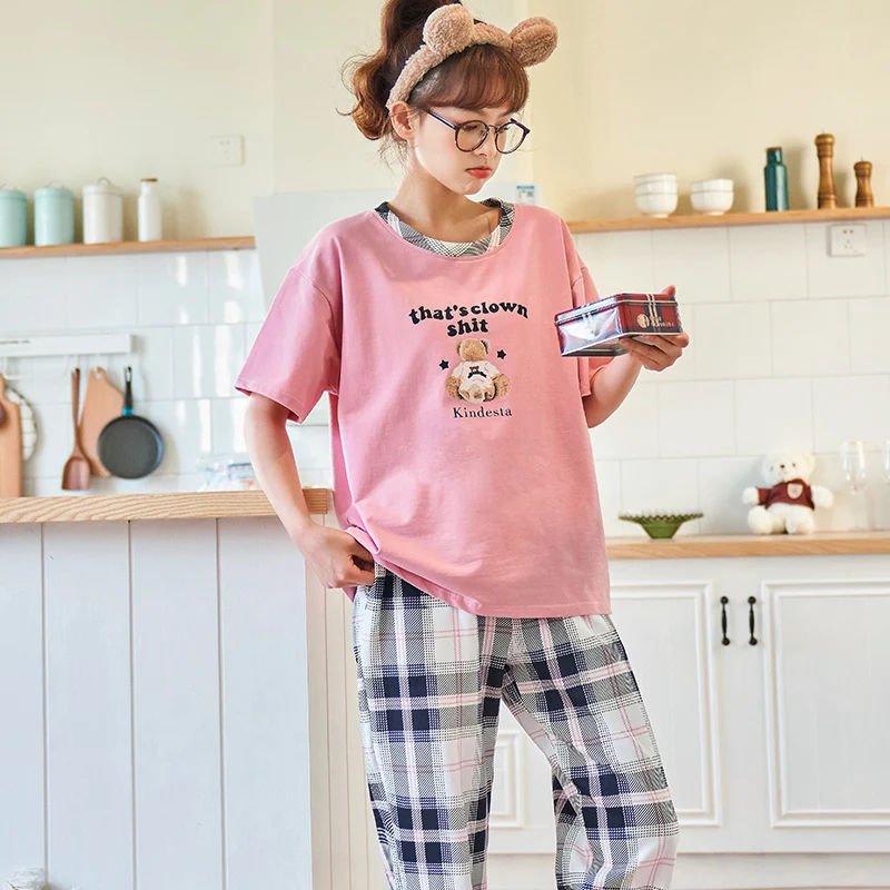

Ночные рубашки женский пижамный комплект летняя Хлопковая женская одежда для сна с коротким рукавом Мультяшные медведи розовая Милая женс...