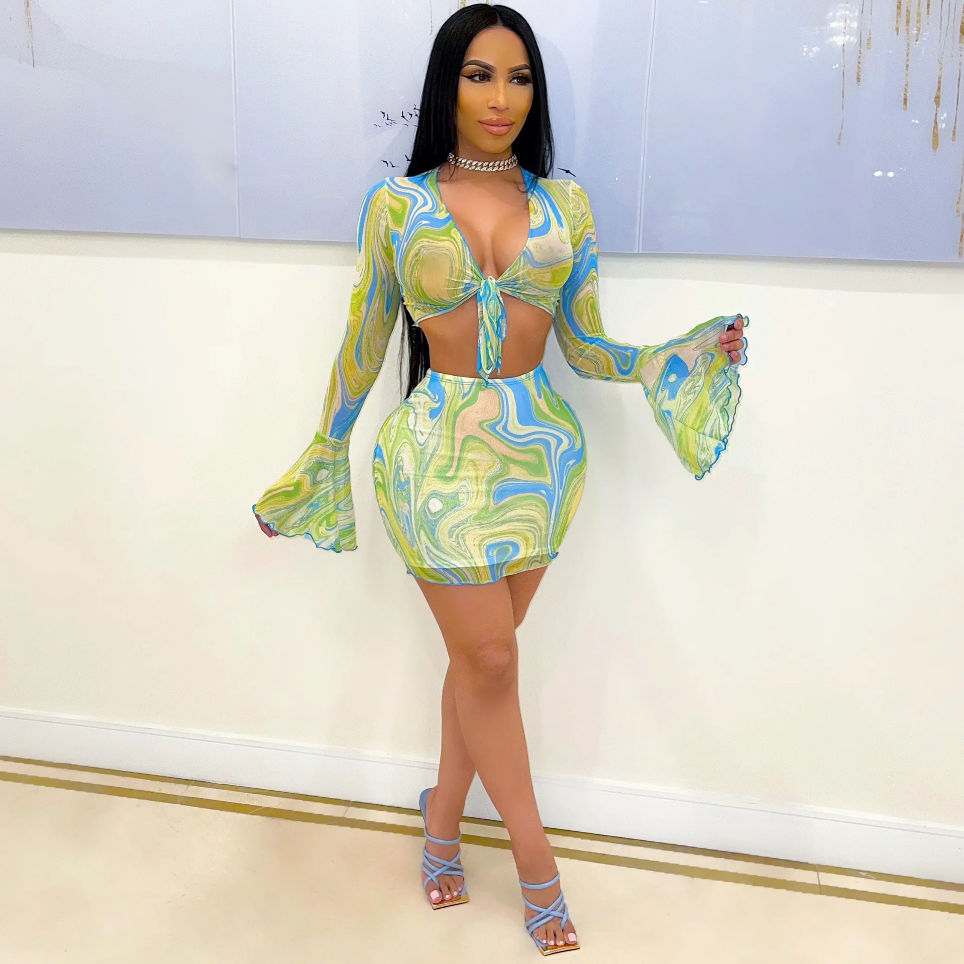 

Echoine Tie Dye Print Blouse Crop Top Mini Skirt Set Flare Sleeve Lace Up Top Two Piece Set Party Clubwear Outfits Clothing