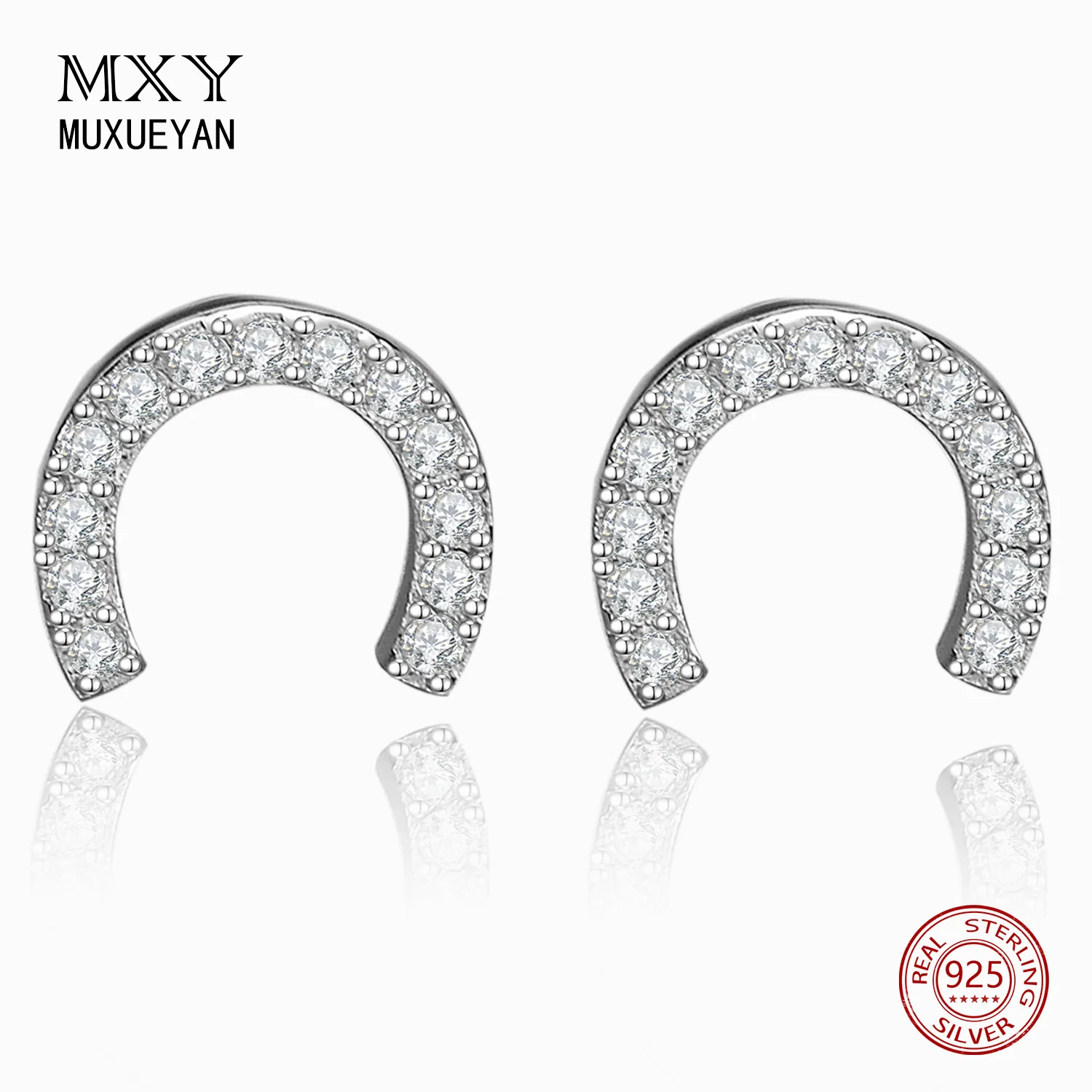 

U shape Crystal Horseshoe Stud Earrings for women 925 Sterling Silver Letter fine Jewelry gifts MUXUEYAN