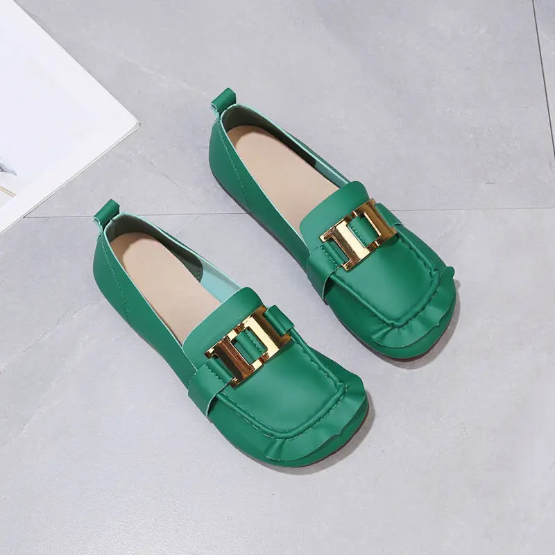 

One-pedal Flat Peas Shoes Shallow Mouth Single Shoes Women Autumn 2021 New Metal Buckle All-match Soft Sole Small Leather Shoes