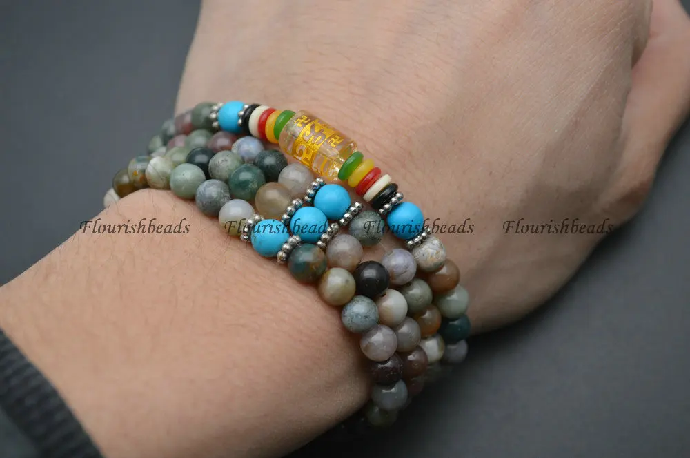 

Handmade Natural India Agate Stone Round Beads Multi Rows Stretch Mala Prayer Bracelets Fashion Jewelry