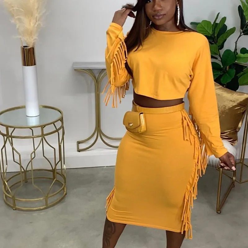 

Sexy Tassel 2 Piece Sets Womens Outfits Skirt Long Sleeve Crop Top and Bodycon Midi Skirts Dress Sets Party Club Matching Sets