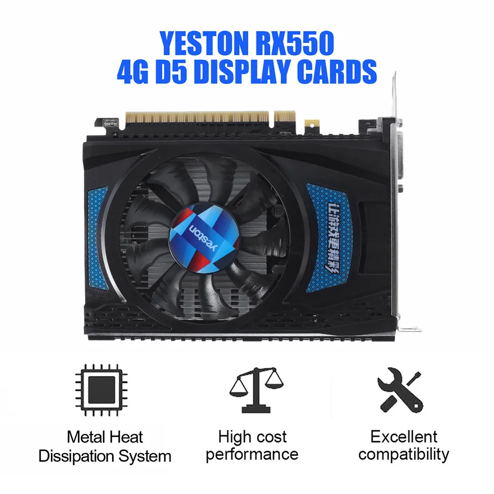Yeston RX550--4G D5 Графика карты Radeon Chill 4 Гб памяти GDDR5 128Bit 6000 МГц DP1.4HDR + HDMI2.0b DVI-D небольшой