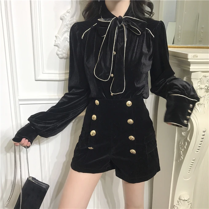

Bowtie Collar Long Sleeve Velour Shirts+Double-breasted Shorts Women 2 Pieces Set Autumn Outfits Ladies Tracksuit 2023 Brand New
