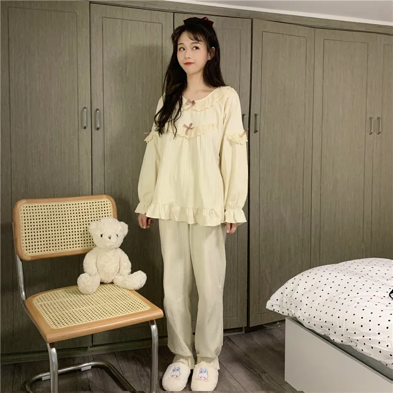 

cute pijamas women bow tie pyjamas homewear clothes sleepwear 2 piece set pajamas set lolita princess home suit pants top