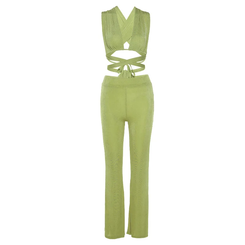 Hollow Bandage Summer Suit Sleeveless Halter Backless Green Tank Top for Women Wide Legs Trousers Party Sexy Slim Apparel vest