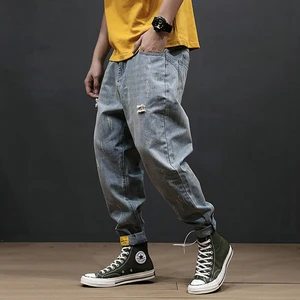Джинсы мужские рваные в стиле ретро, модные брюки-султанки свободного покроя, брюки-султанки в стиле хип-хоп, синие, уличная одежда, большие размеры 28-42