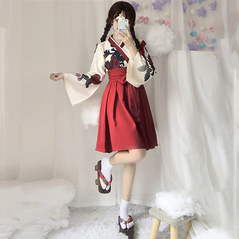 Кимоно в японском стиле для женщин, Taisho Girl Haori, модный топ с цветочным принтом и юбки, наряды, азиатская одежда, Camellia love - Цвет: Red Top Short Skirts
