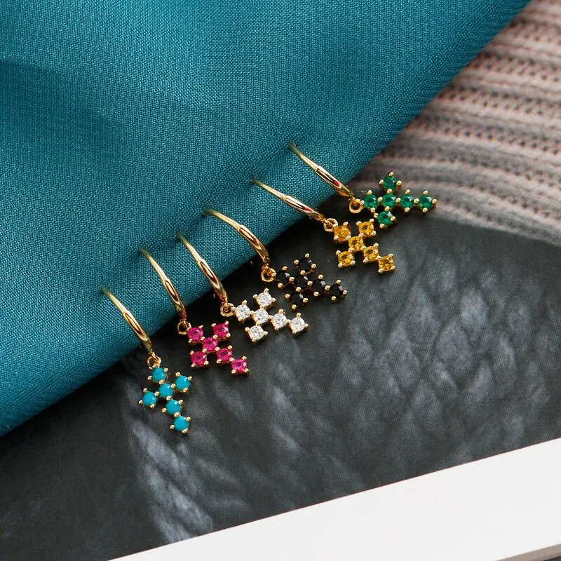 

A00668 925 Sterling Silver Ethnic Colored Zircon Cross Pendant Stud Earrings for Women Bohemian Punk Religious Jewelry