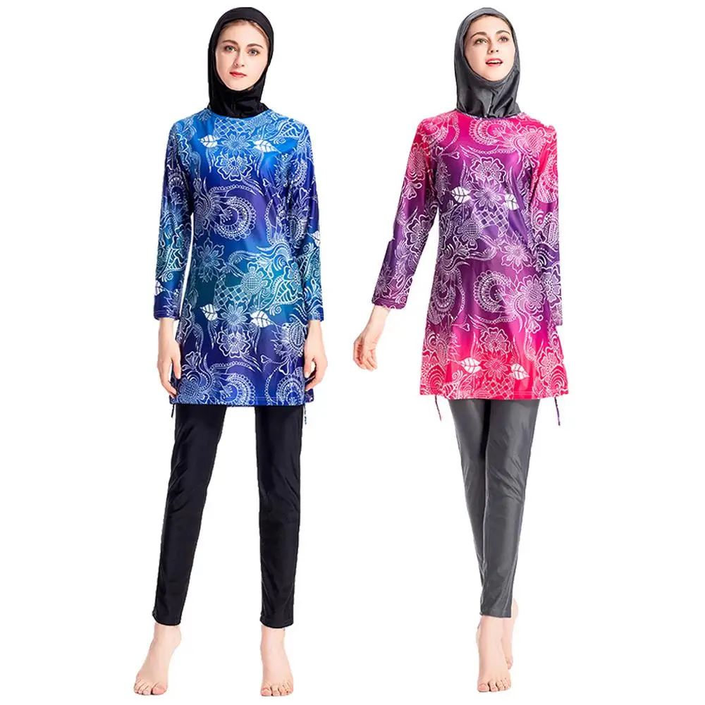 Женский Мусульманский купальник Burkini 3 шт. с длинным рукавом и цветочным принтом