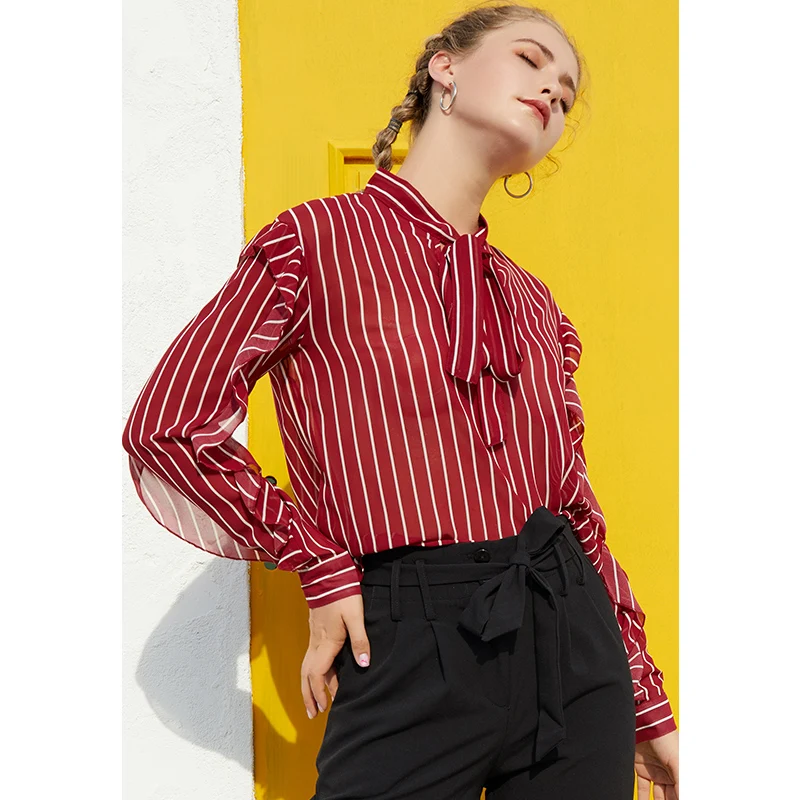 Только плюс бант подол с оборками Блузка в полоску осень весна v образный вырез