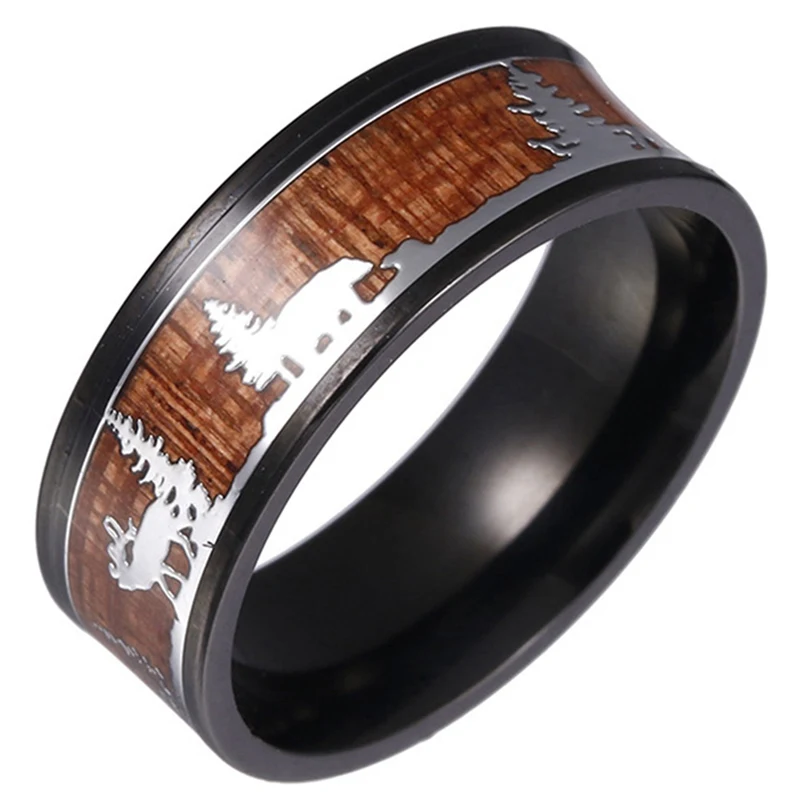 

Stainless Steel Ring Black Tungsten Carbide Hunting Wooden Wedding Ring Inlaid Wooden Ornament Deer Circle Christmas Gift