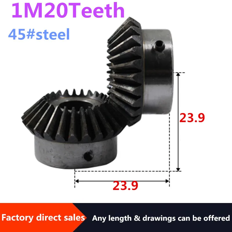 2pcs  Bevel Gear 1M 20Teeth 45# steel inner hole 5/6/7/8/6.35/9/10/12mm gear 90 degrees  meshing angle Steel Gears Screw Hole M5