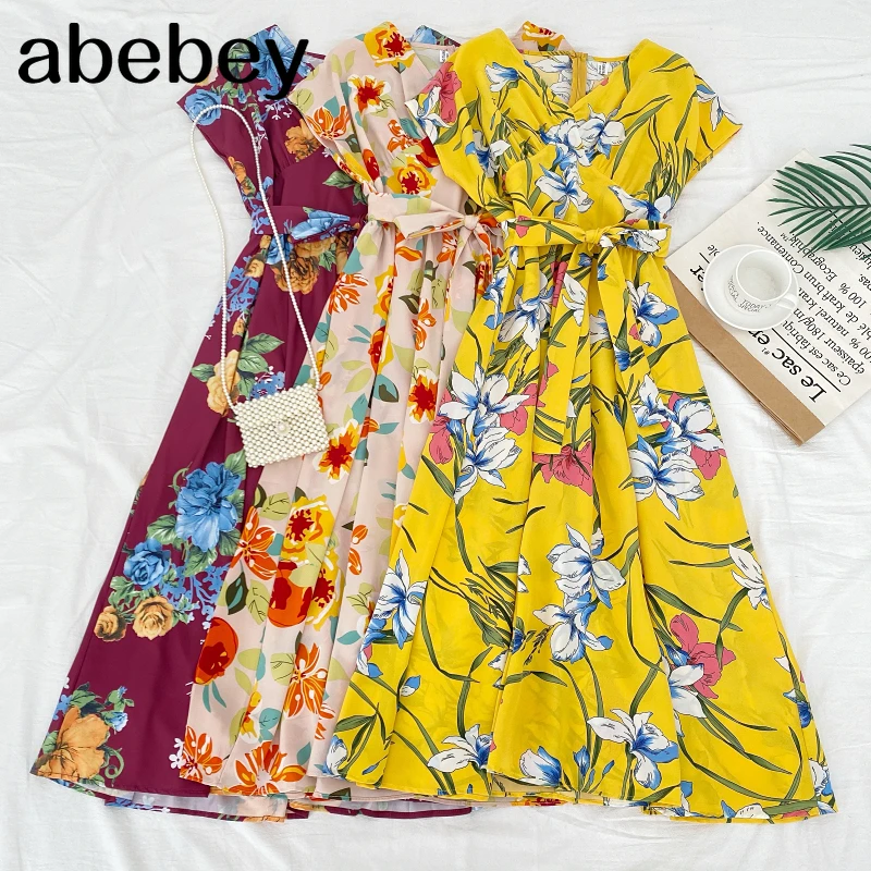 

2021 New Summer Women Casual All-match V-neck floral print Dress waistband sleeveless medium length A-line Dress