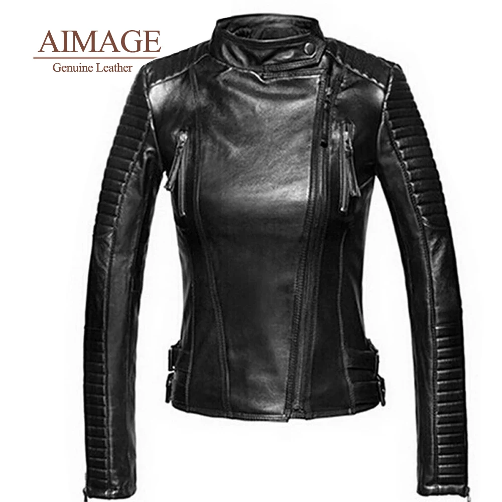 Spring Genuine Leather Jacket For Women Stand Collar Real Sheepskin Coats Striped Motorcycle Biker Overcoats пальто женско PY004