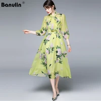 banulin women fashion runway floral chiffon dress female 2021 summer puff sleeve chic floral print holiday bohemian midi dress