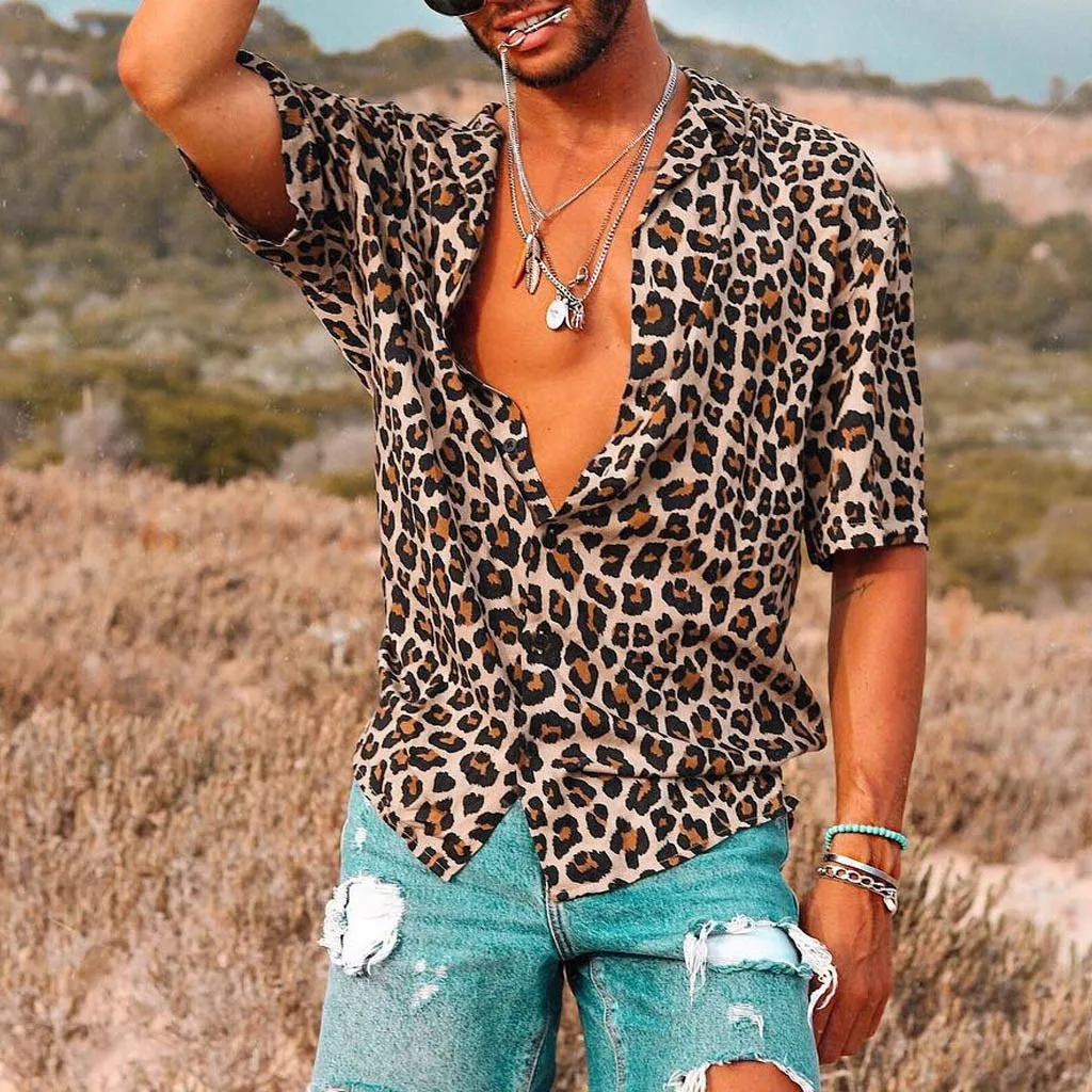 

Men's Shirt Leopard Print Short Sleeve Button Retro Baggy Beach Shirts Tops Blouse Casual Summer Loose Shirt Male Chemise Homme