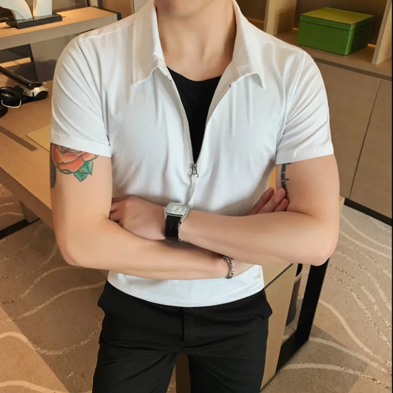 

Polo 2021 Summer Shirts Men Fake Tow Piece Zipper Short Sleeve Polo Shirt Casual Business Polo Shirt Slim Fit Solid Polo Homme